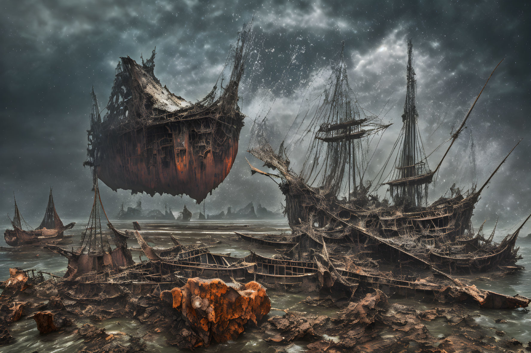 Dystopian seascape with floating derelict ships and rocky debris