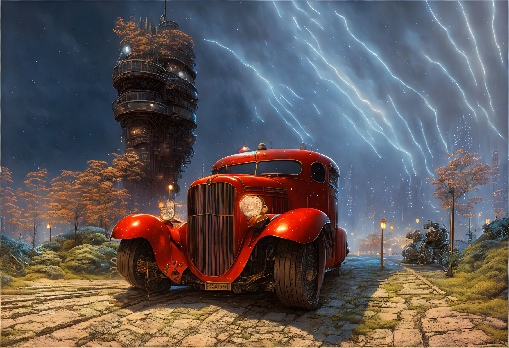 Vintage Red Car on Cobblestone Path with Futuristic Tower and Starry Sky