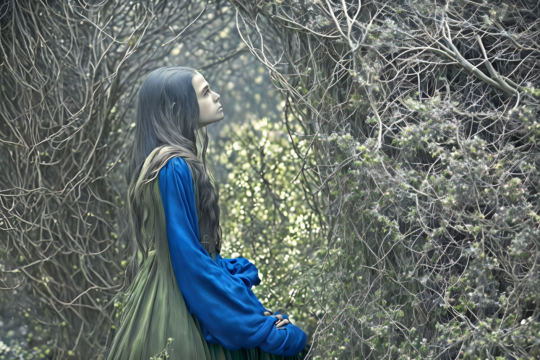 Woman in Blue and Green Medieval Dress in Misty Forest