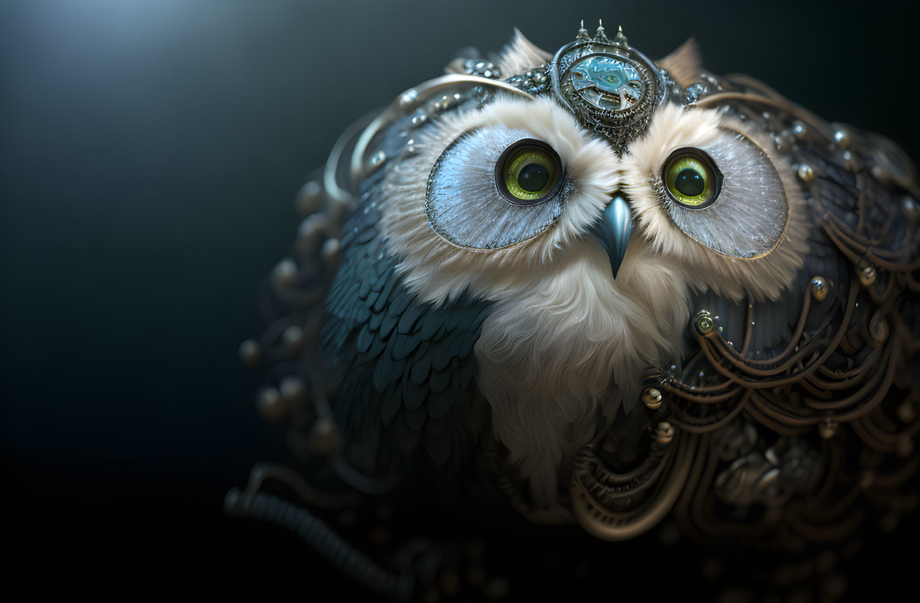 Steampunk-Inspired Mechanical Owl with Green Eyes and Ornate Feathers