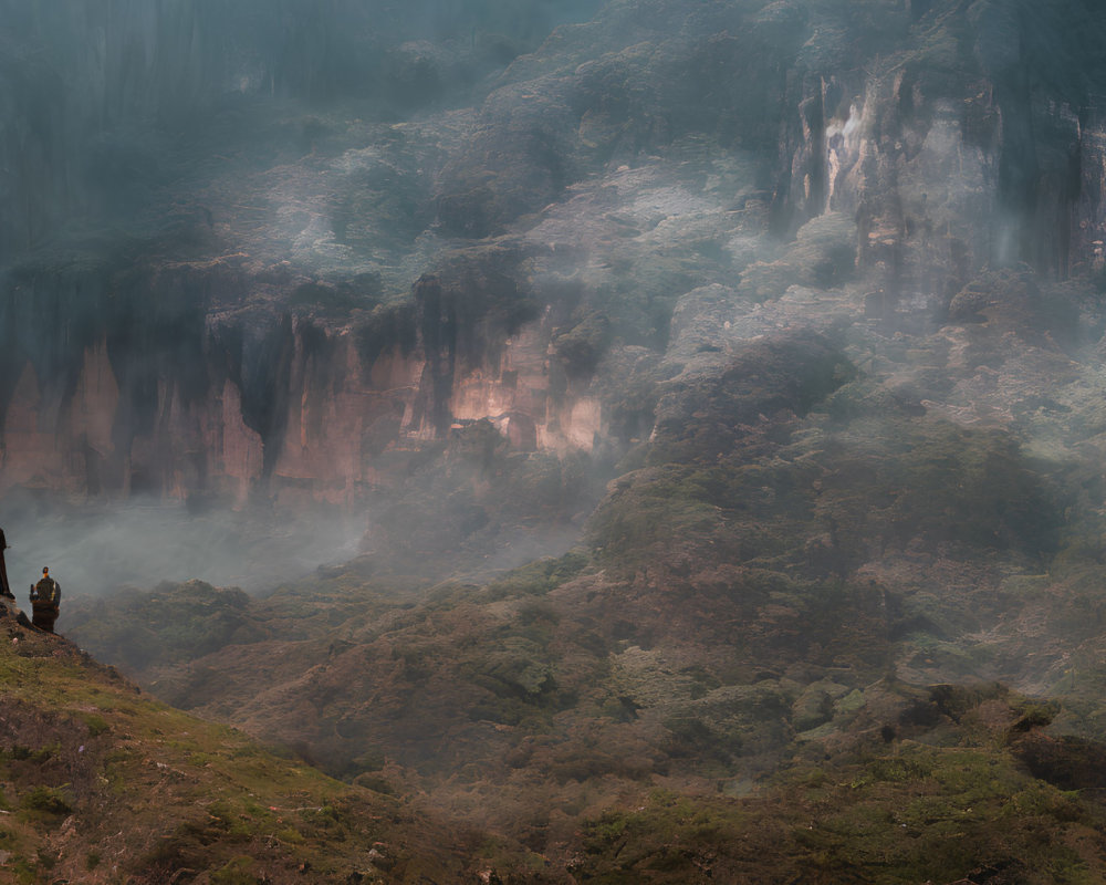 Two People Standing on Verdant Hillside with Misty Cliff Backdrop