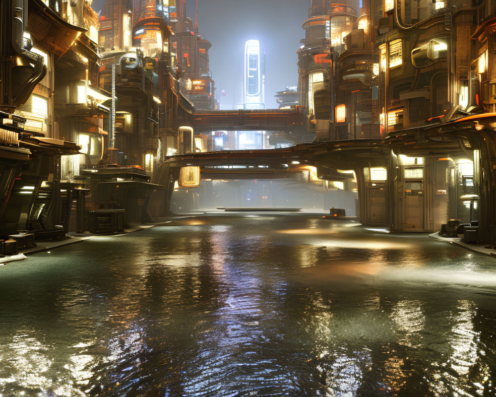 Futuristic city night scene with illuminated buildings and advanced architecture