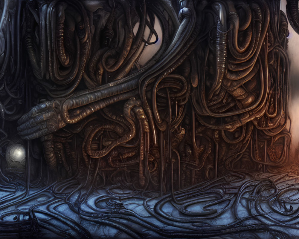 Intricate dark sci-fi scene with biomechanical tubes and tentacle-like structures