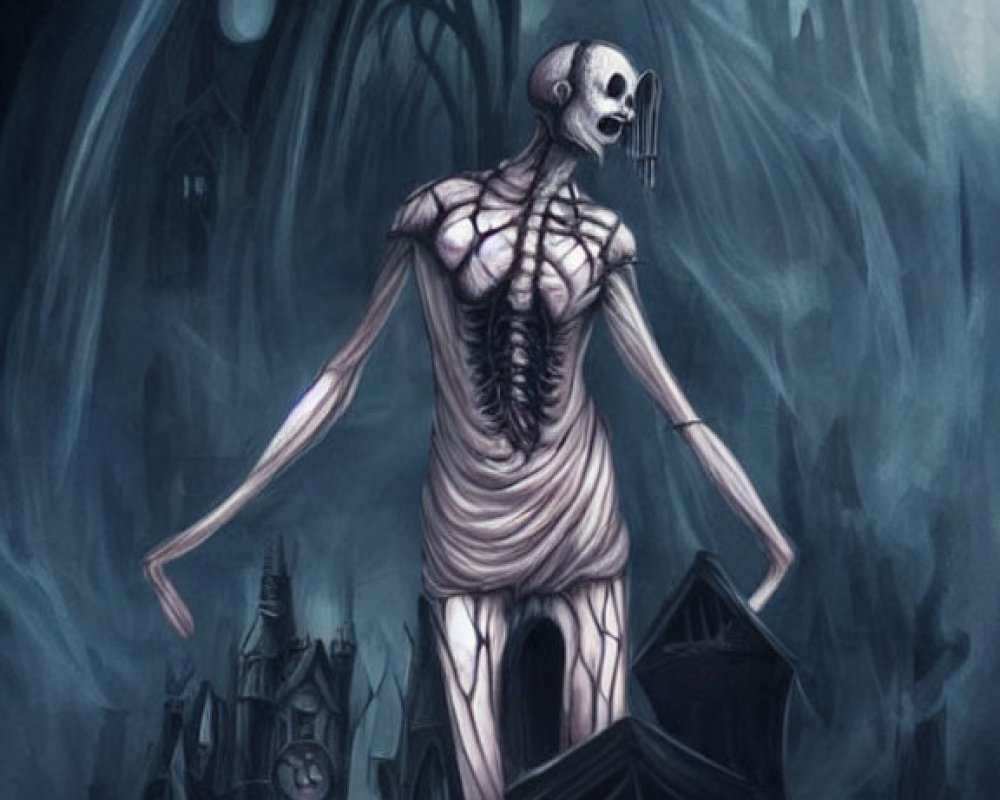 Skeletal figure with exposed muscle in haunting pose with gothic castle and full moon