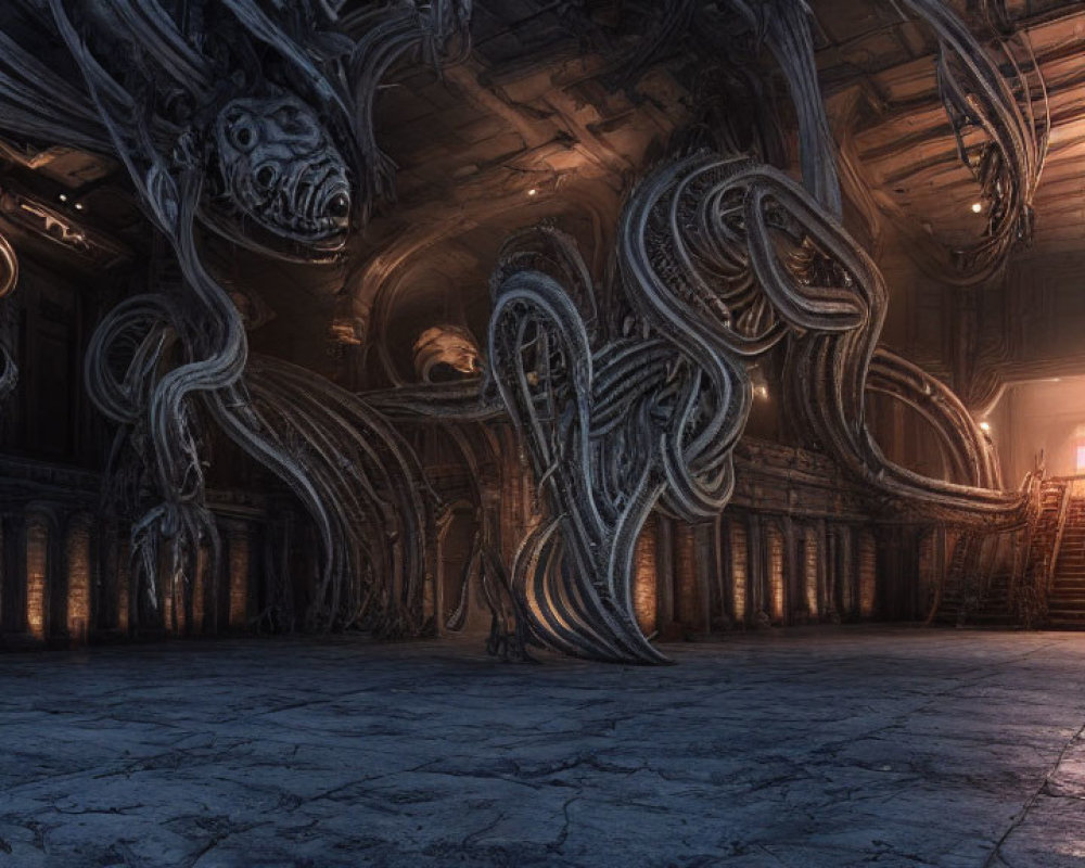 Dark grand hall with eerie alien structure - H.R. Giger style