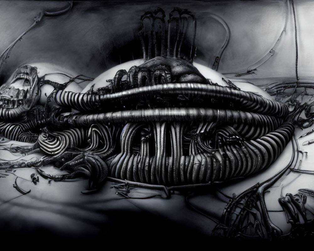 Monochromatic biomechanical art with alien skull in dark surreal setting