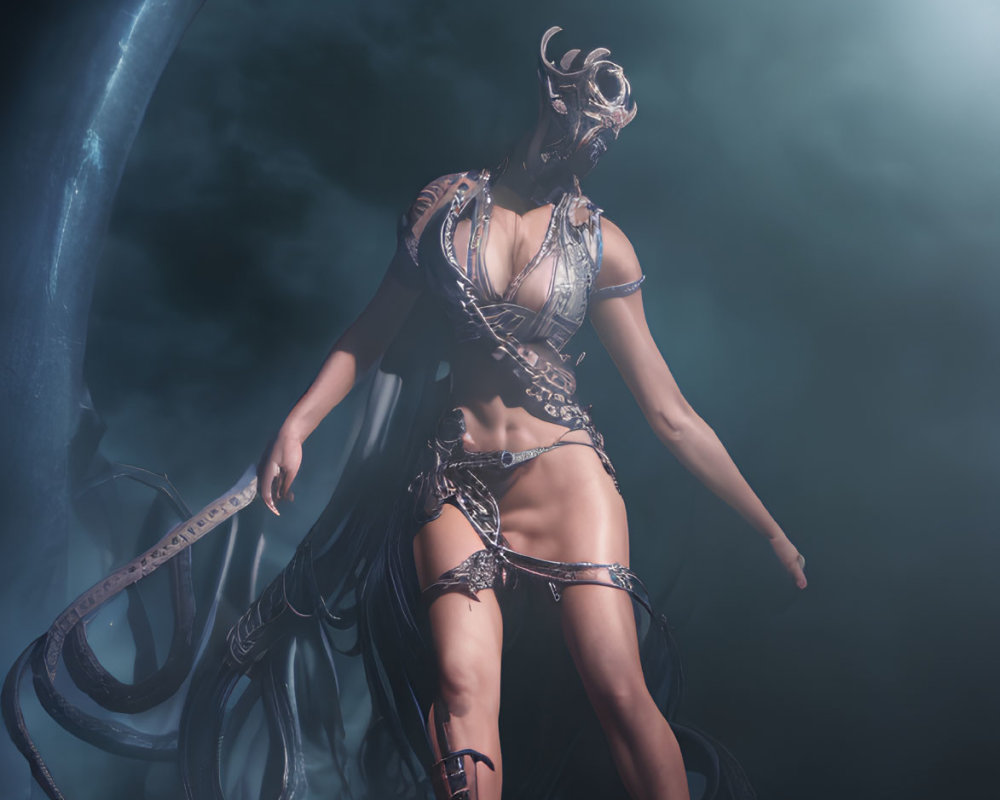 Mystical female figure in horned mask and dark fantasy costume with swirling mist and tentacle-like