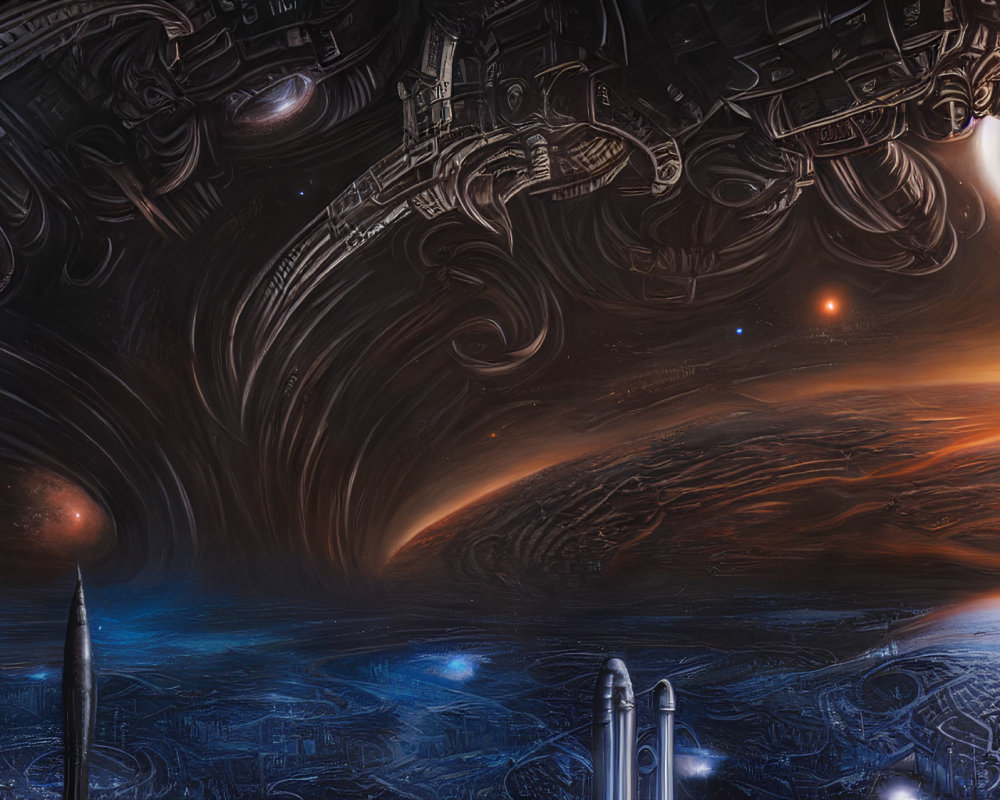 Futuristic sci-fi landscape with cosmic phenomena, planets, star, and structures