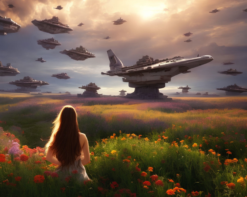 Woman admires wildflowers and starships in serene landscape