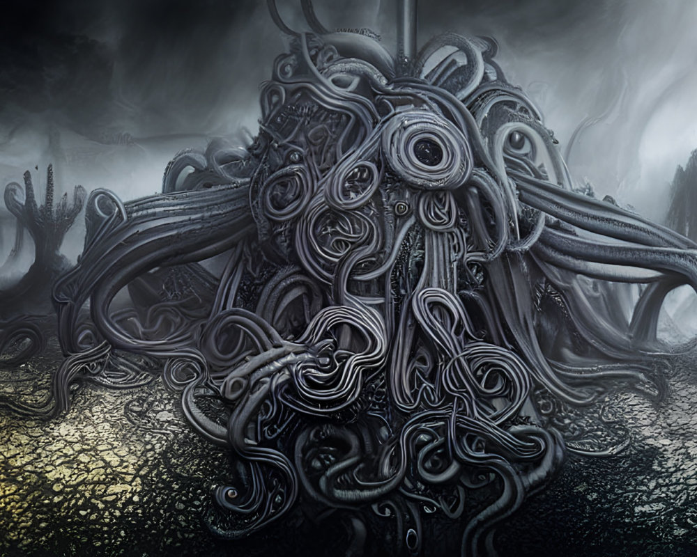 Surreal tentacled creature in mystical foggy landscape