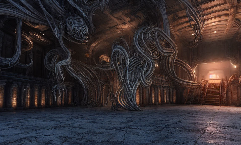 Dark grand hall with eerie alien structure - H.R. Giger style