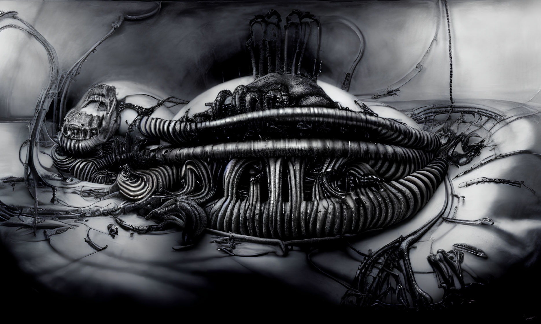 Monochromatic biomechanical art with alien skull in dark surreal setting