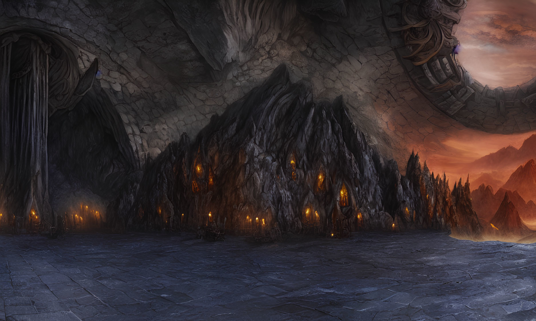 Fantasy cavern with mountain range, torches, fiery sky, doors, and stone floor