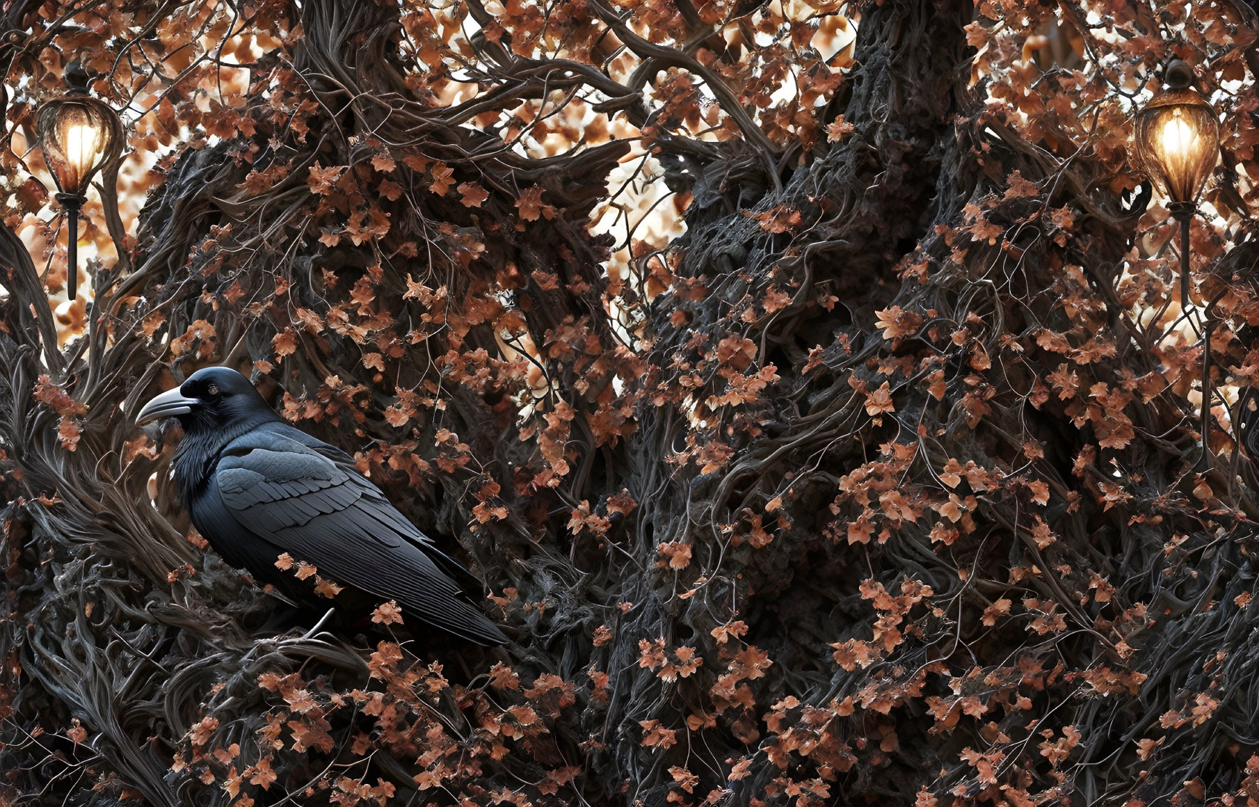 Raven on Twisted Tree with Amber Leaves and Glowing Lanterns