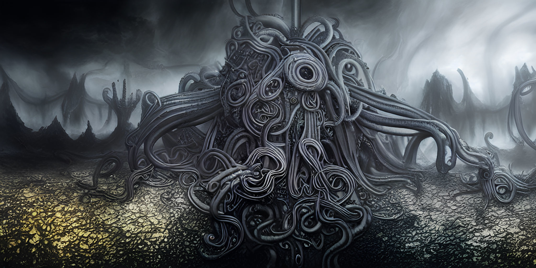 Surreal tentacled creature in mystical foggy landscape