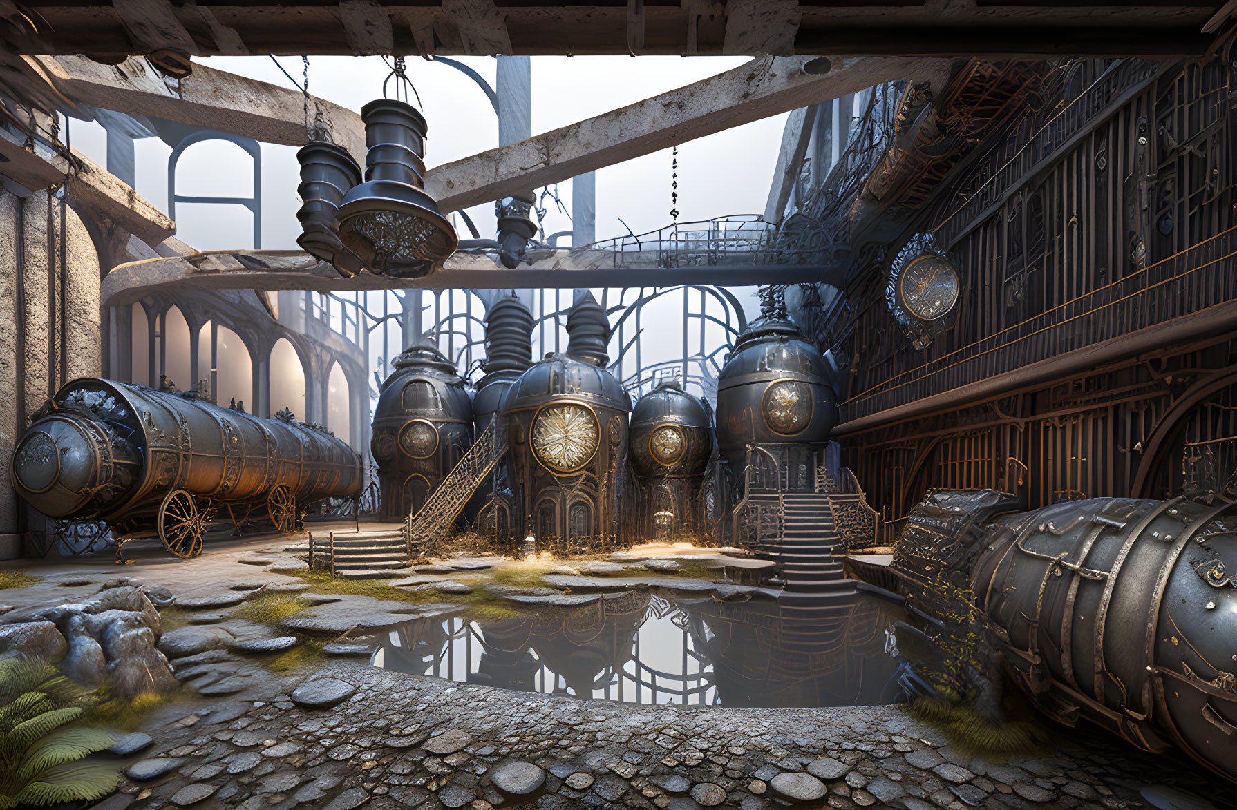 Steampunk-inspired interior with machinery, gears, lanterns, arched windows, and water reflections