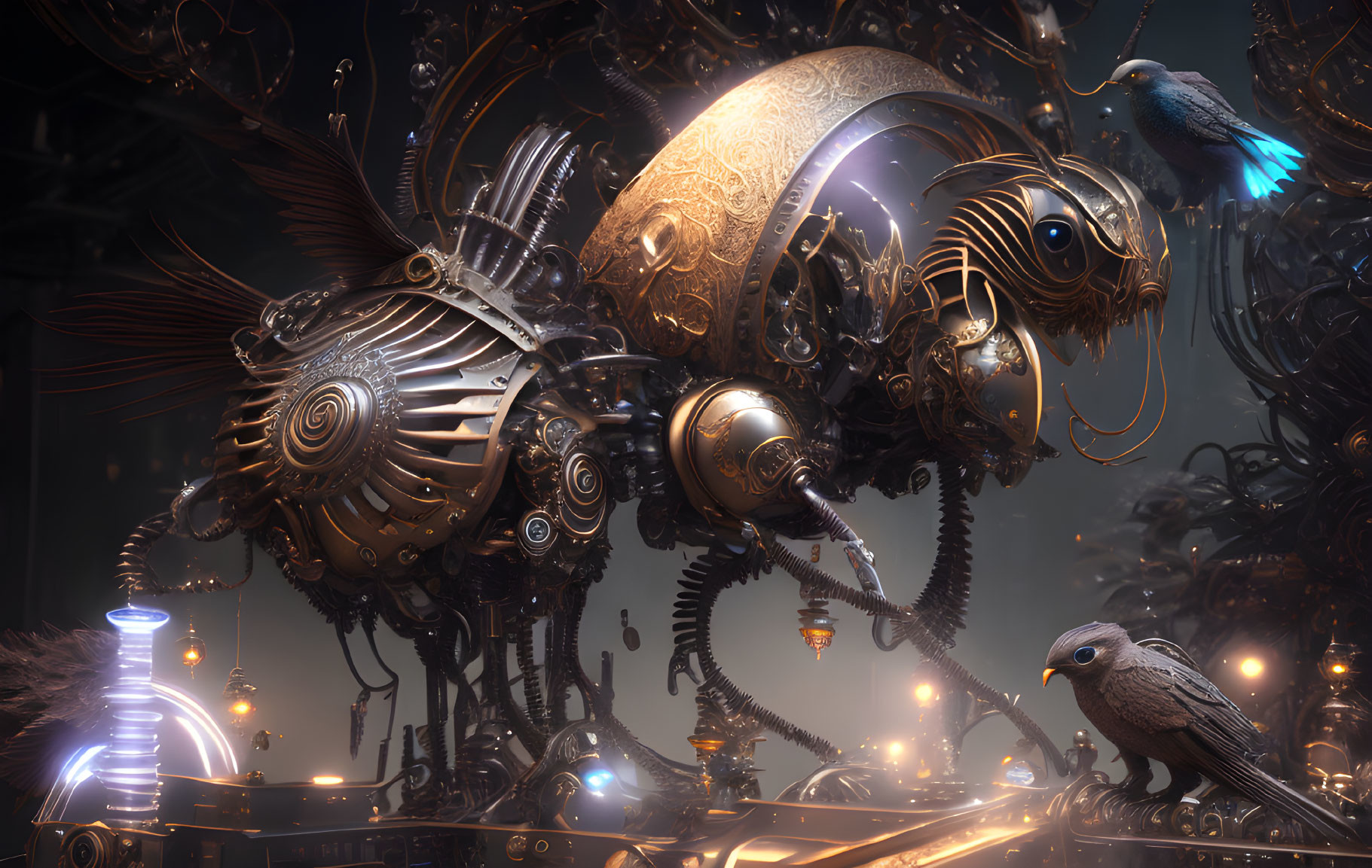 Detailed Steampunk Scene with Mechanical Owl and Live Birds