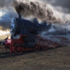 Post-apocalyptic landscape with giant, decaying train-like machines and yellow flowers under a gloomy sky