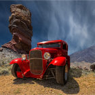 Vintage Red Car on Cobblestone Path with Futuristic Tower and Starry Sky