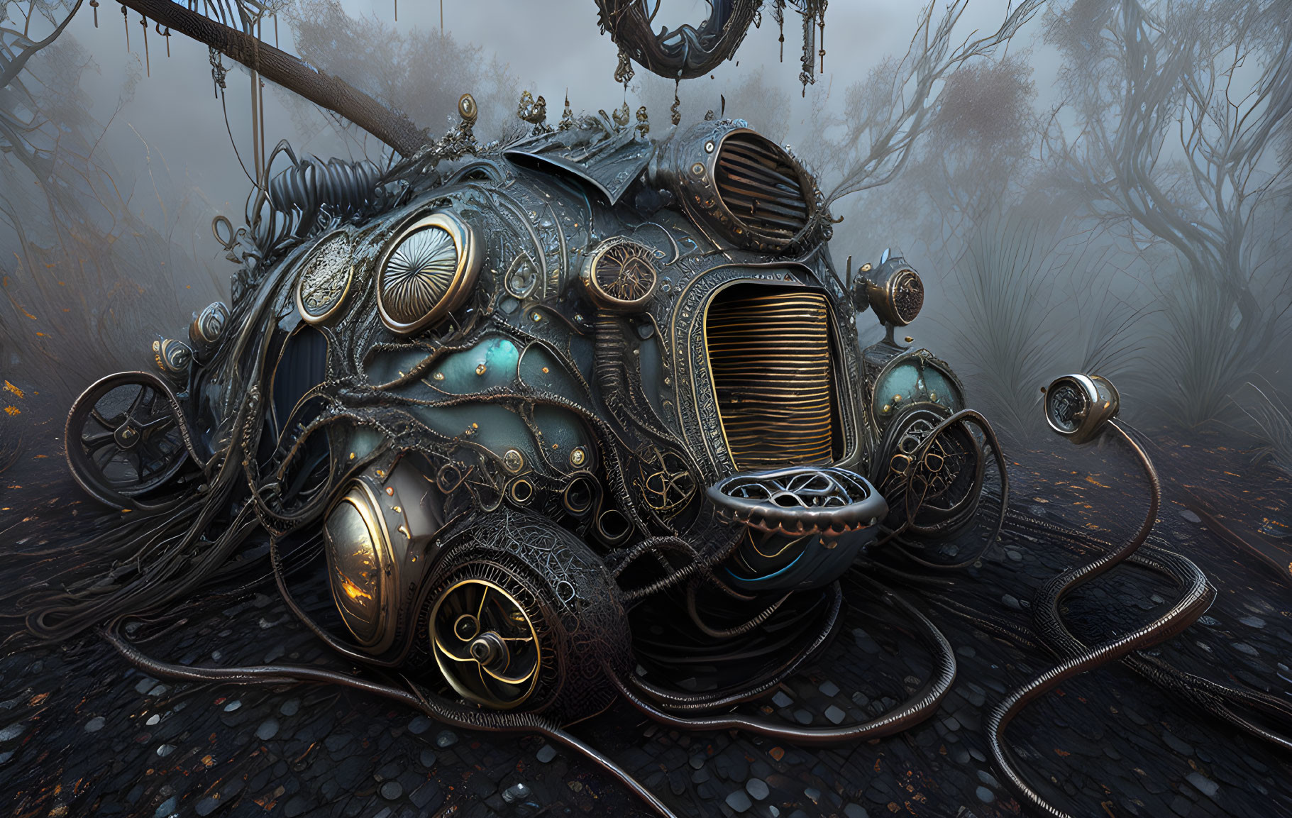 Elaborate Steampunk-Style Submarine in Dark Forest