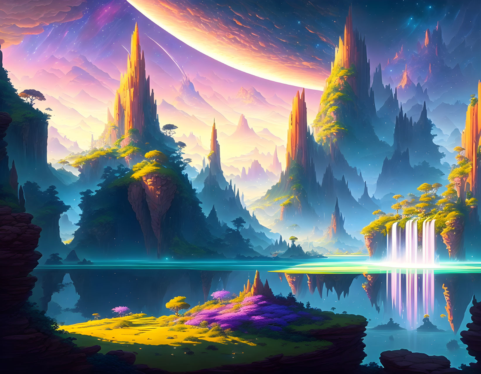 Fantasy landscape with spires, lake, waterfalls, lush flora, and large moon