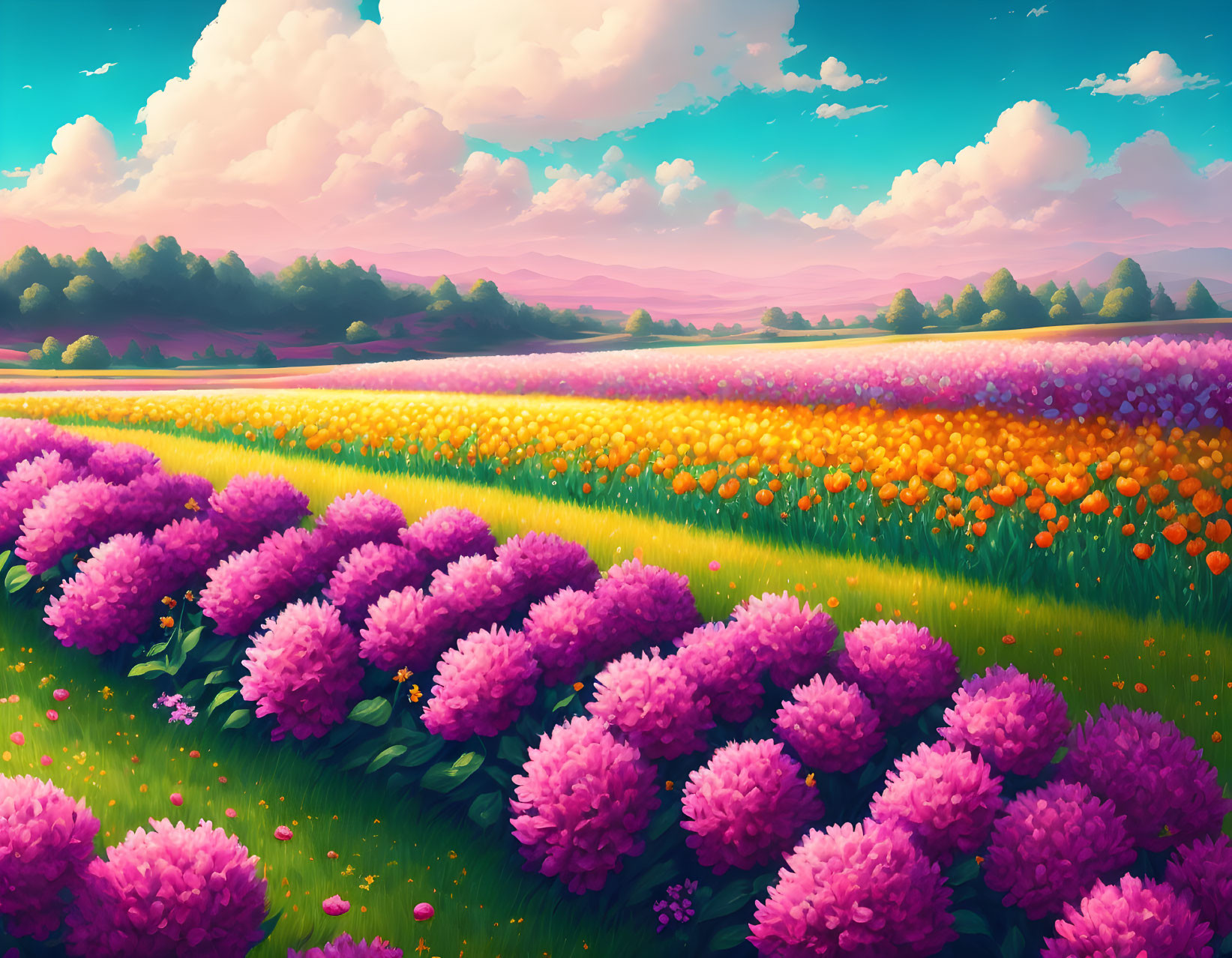 Vibrant purple and orange flower field at sunset