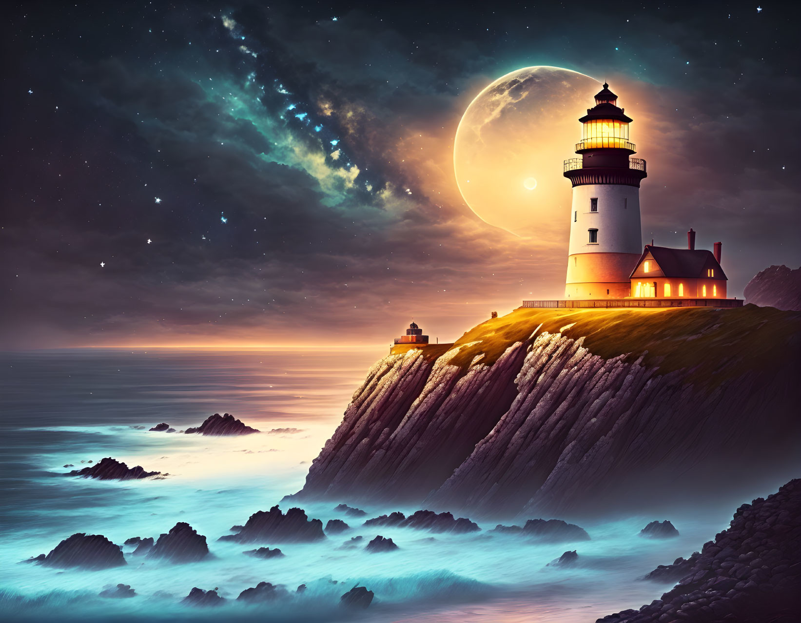 Scenic lighthouse on rugged cliff under starry sky