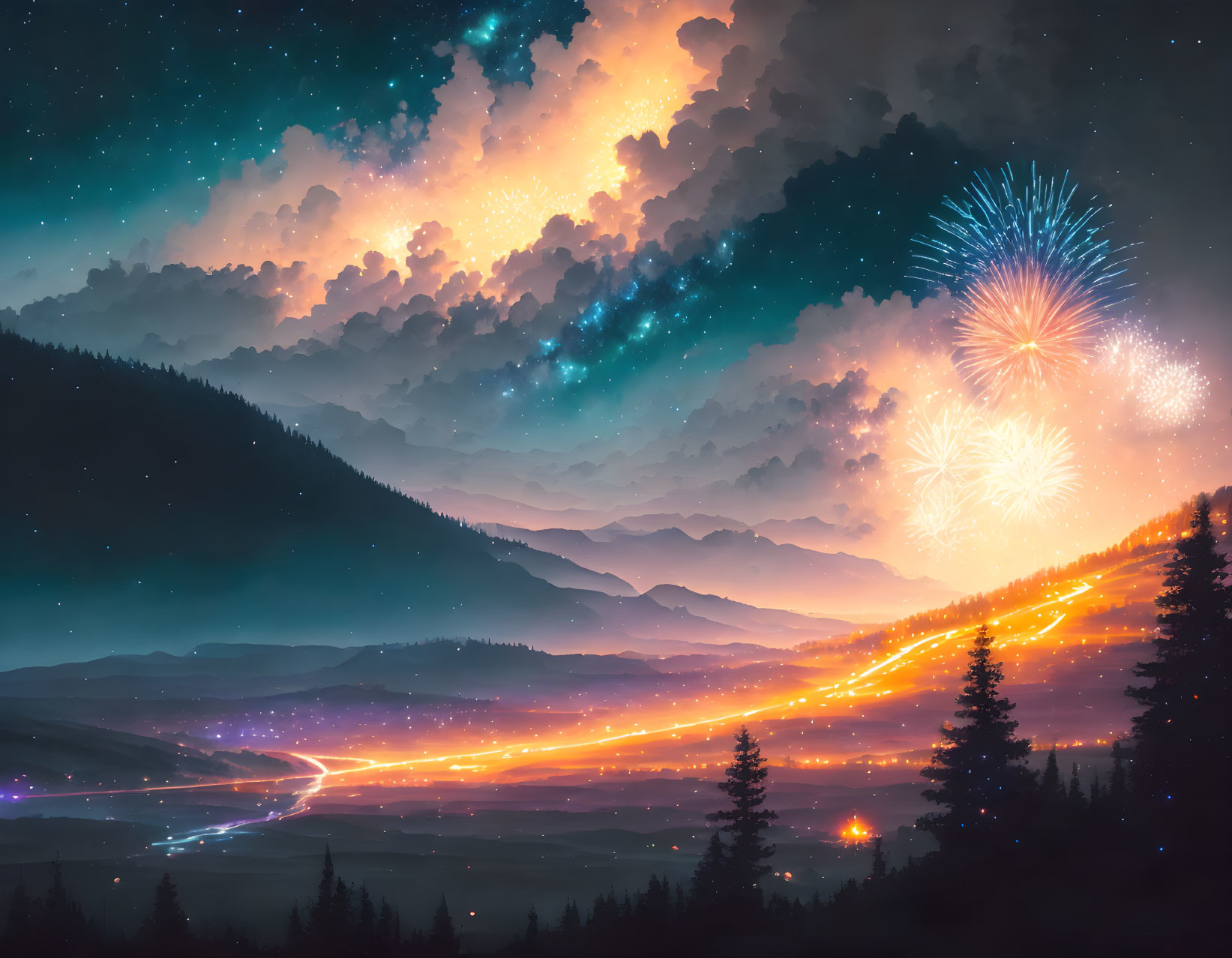 Night landscape: fireworks, starry sky, winding road in mountainous terrain.