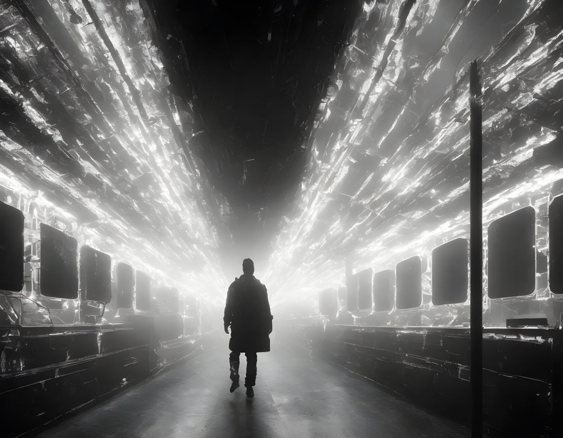 Silhouette of a person in surreal tunnel with luminous geometric patterns