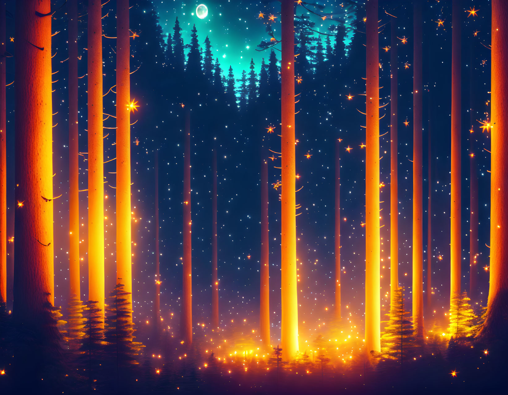 Enchanted night forest with glowing lights and moon