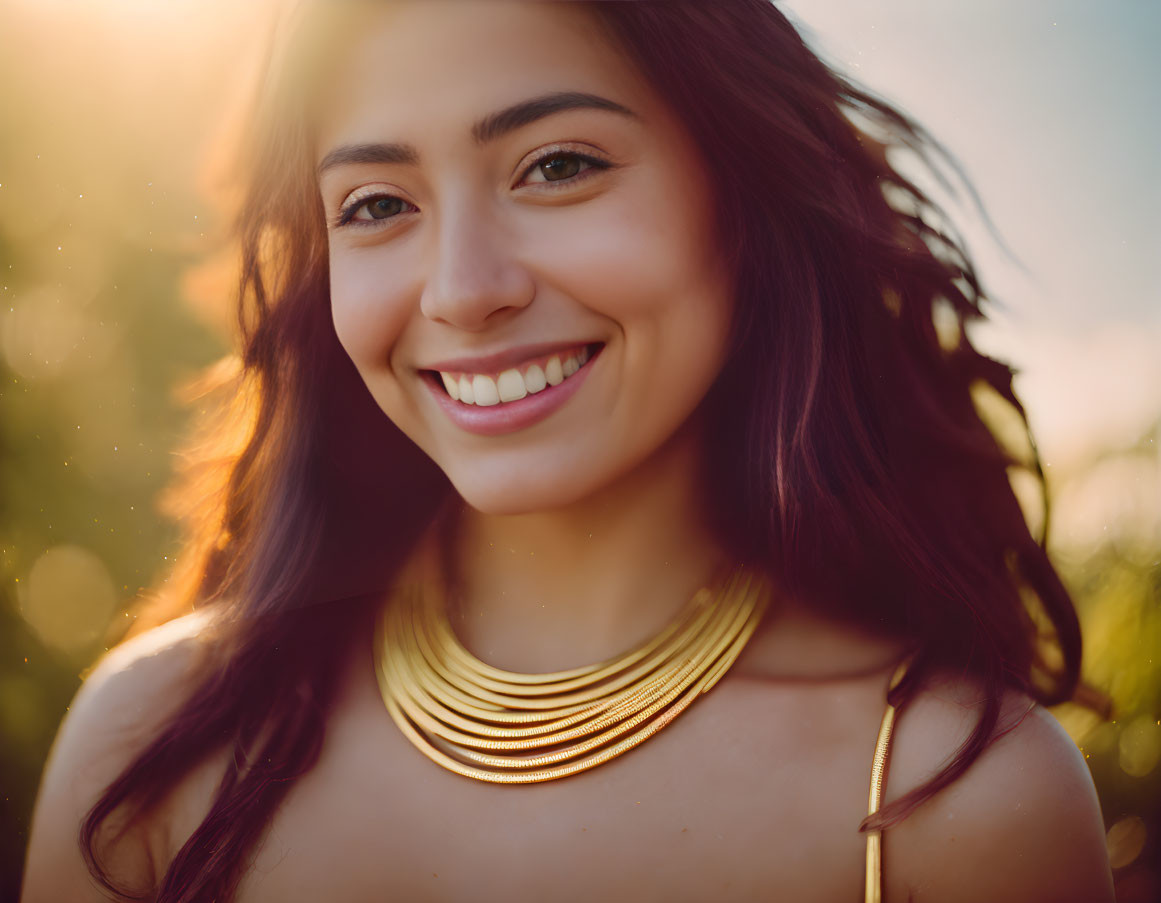 Dark-haired woman smiling with gold necklace in sunlight