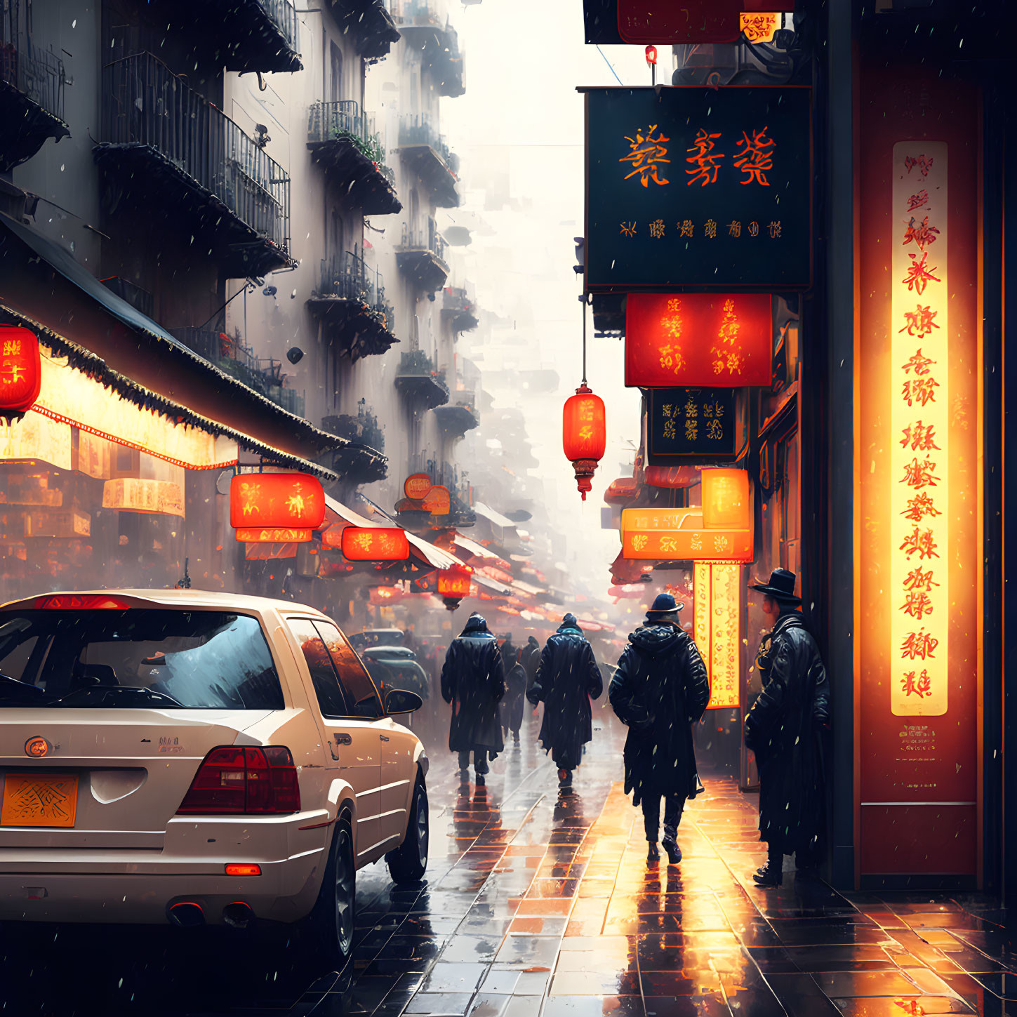 Asian street scene: Rainy day with umbrellas, red lanterns, and wet pavement.