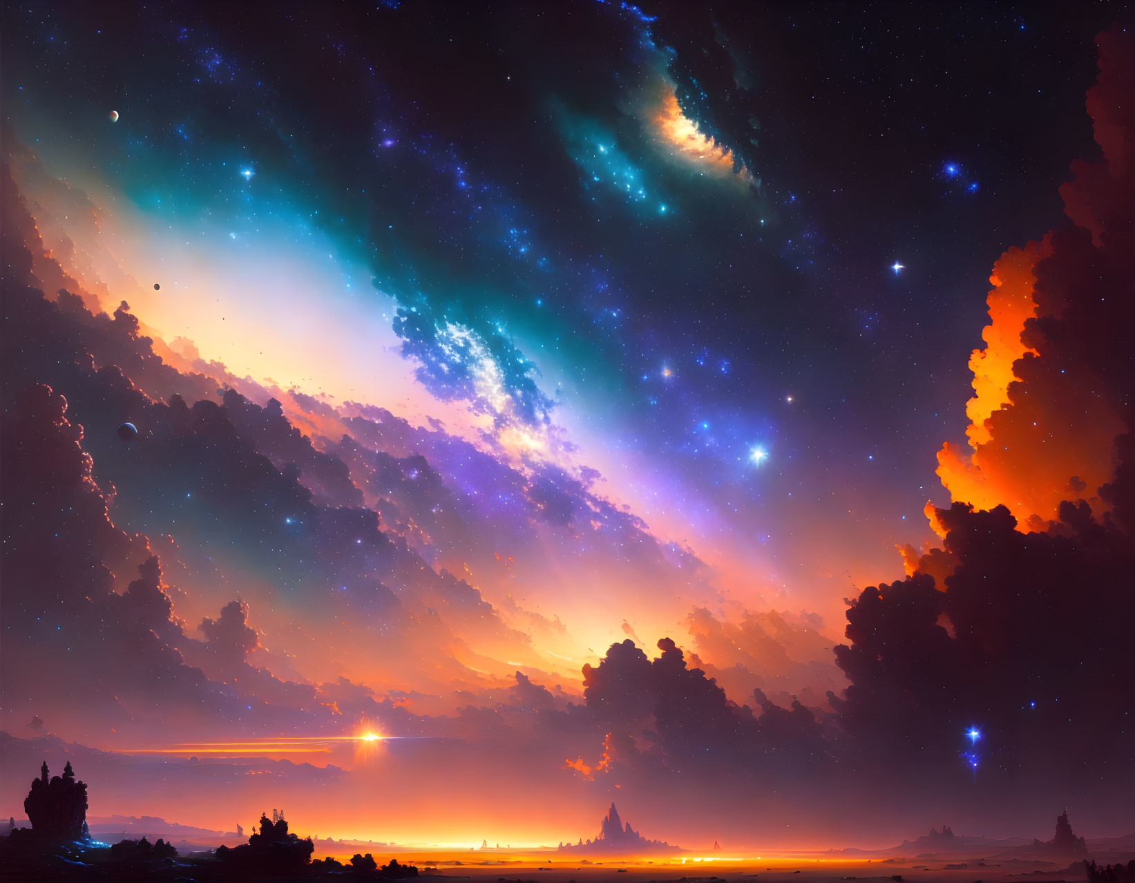 Colorful cosmic scene with nebula, stars, planets, and clouds