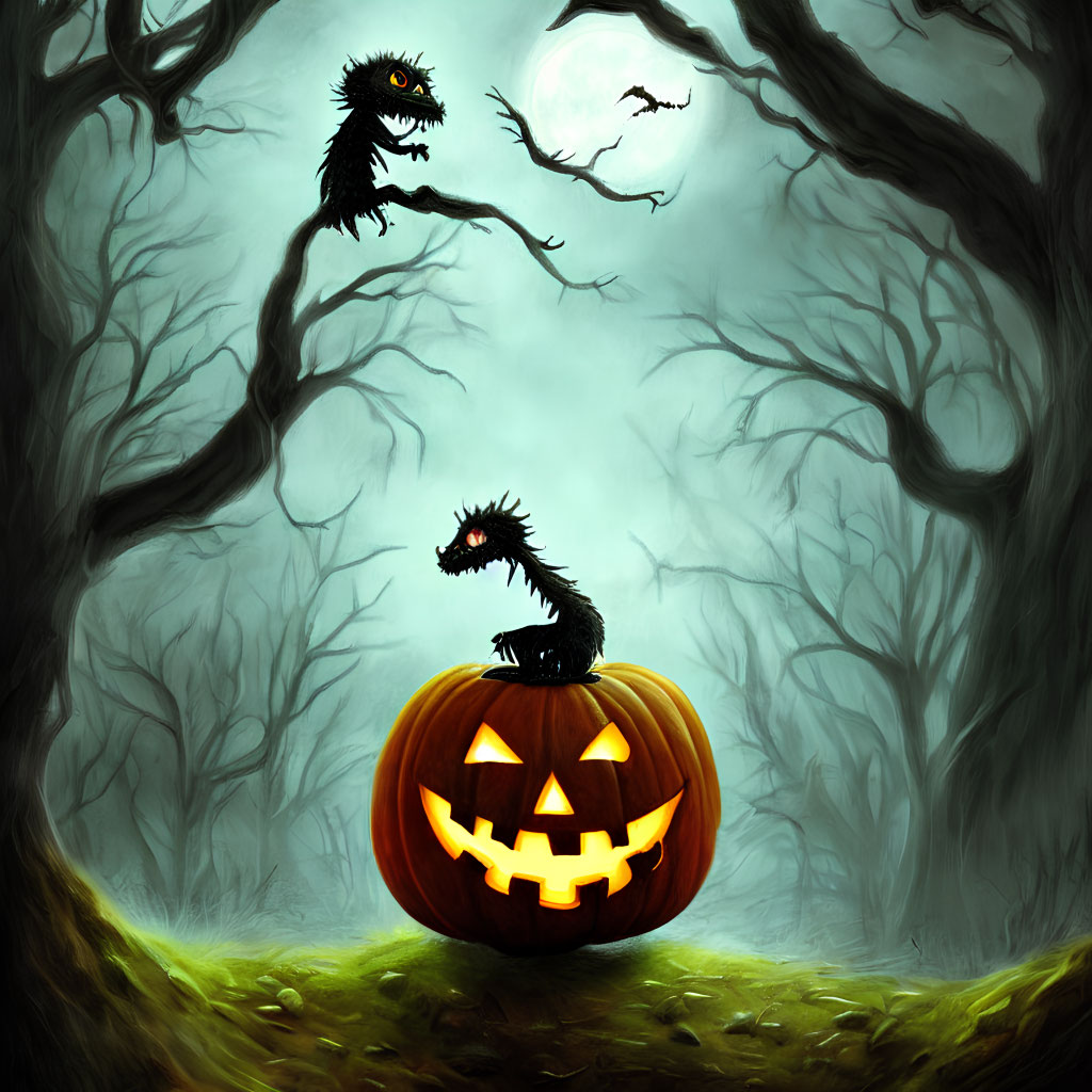 Eerie Halloween scene with carved pumpkin, silhouetted creatures, and barren trees