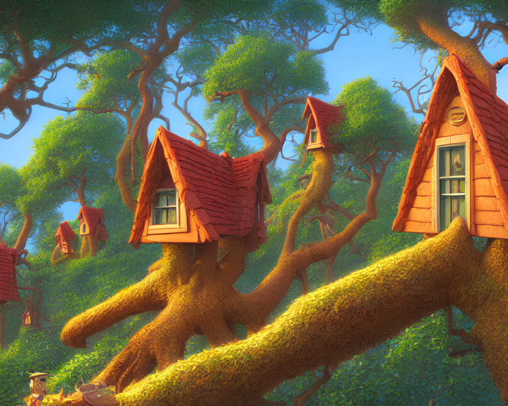 Charming red-roofed treehouses in a sunlit forest with a serene fairytale character