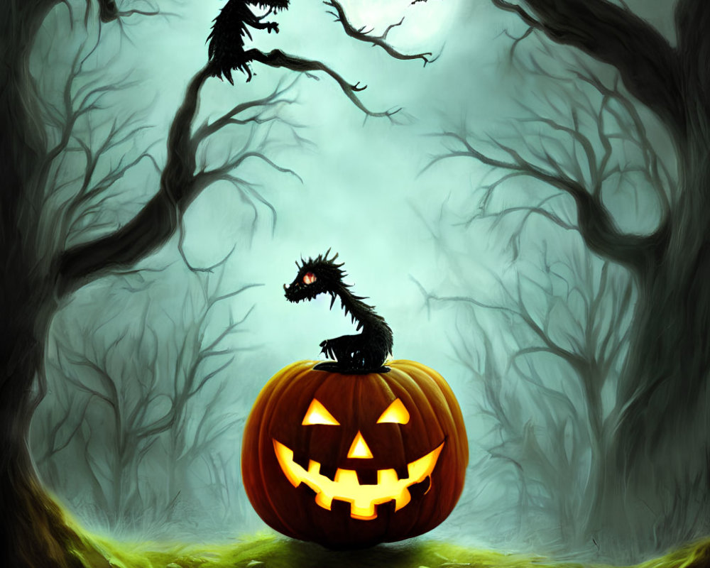 Eerie Halloween scene with carved pumpkin, silhouetted creatures, and barren trees