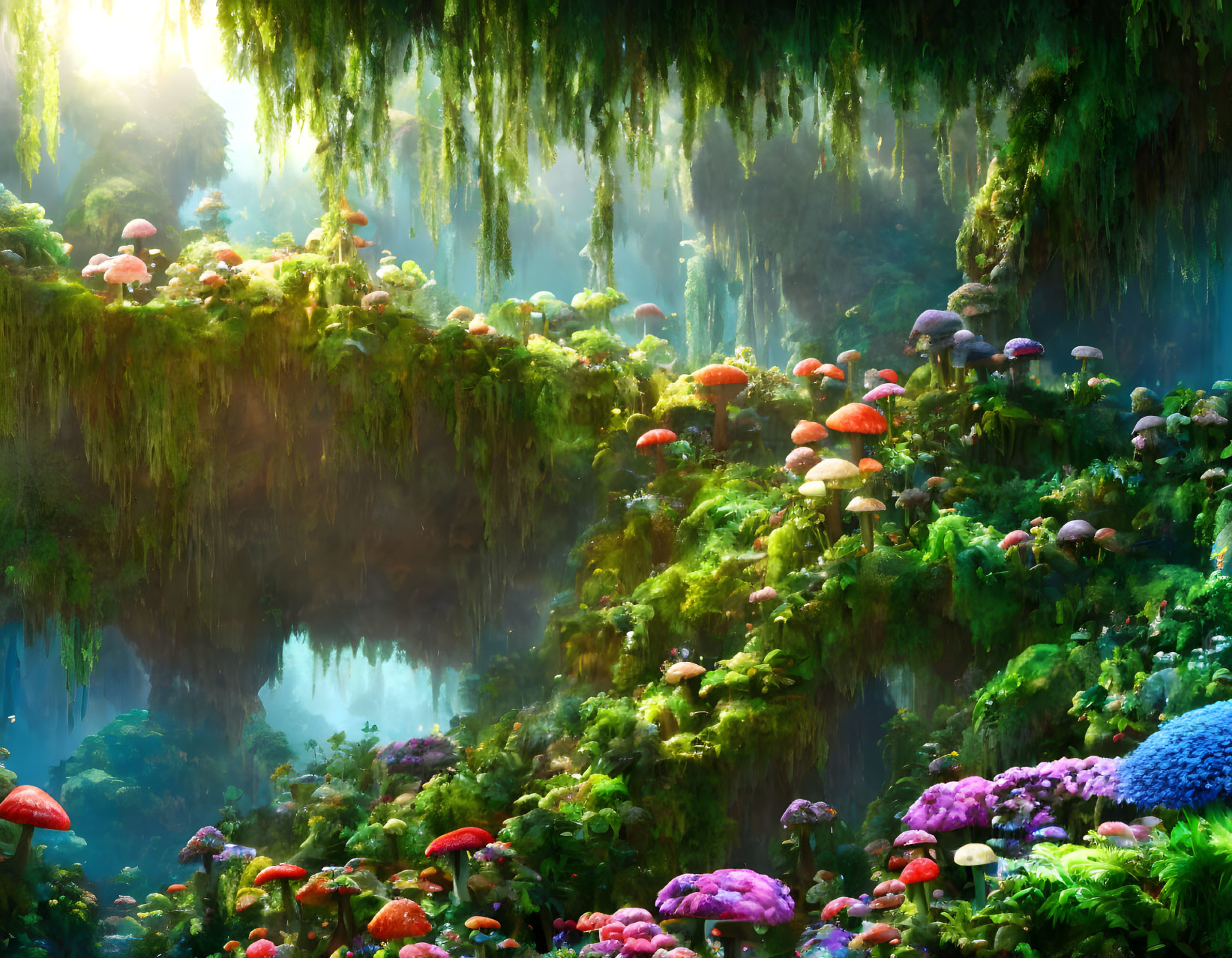 Vibrant mushrooms in lush forest with hanging vines