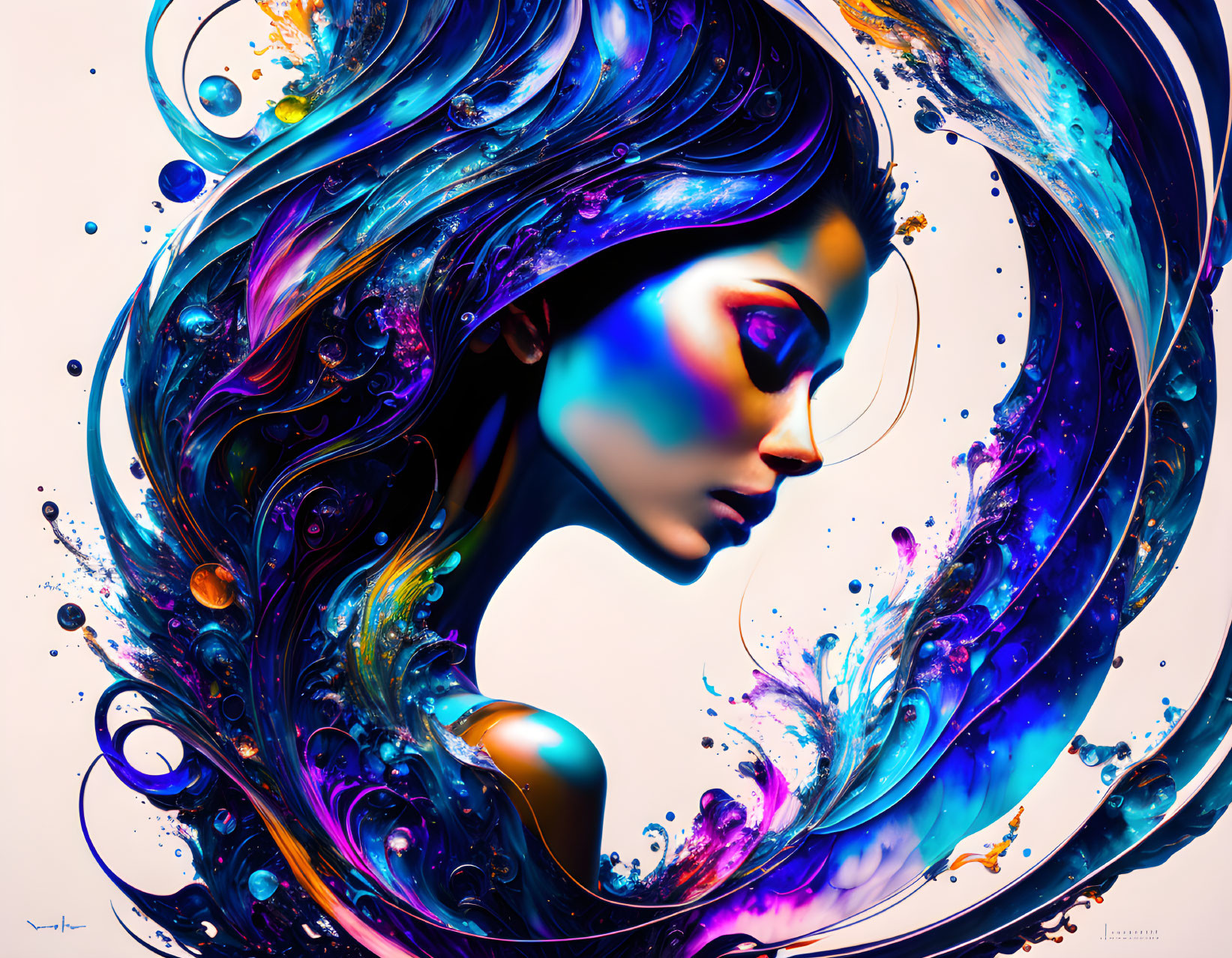 Colorful digital artwork: Woman's profile with liquid-like hair.