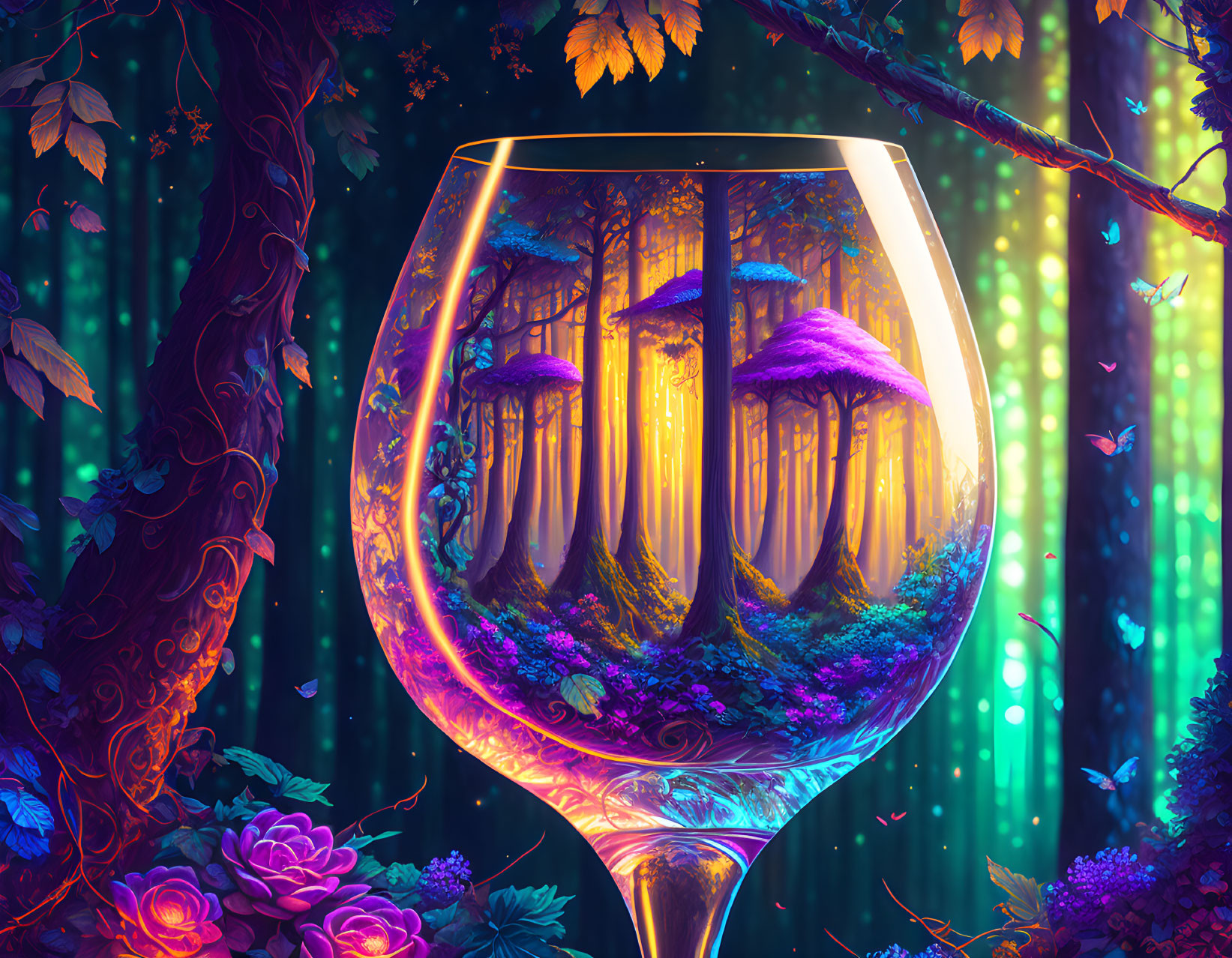 Enchanting forest scene in wine glass with glowing mushrooms and vibrant flora