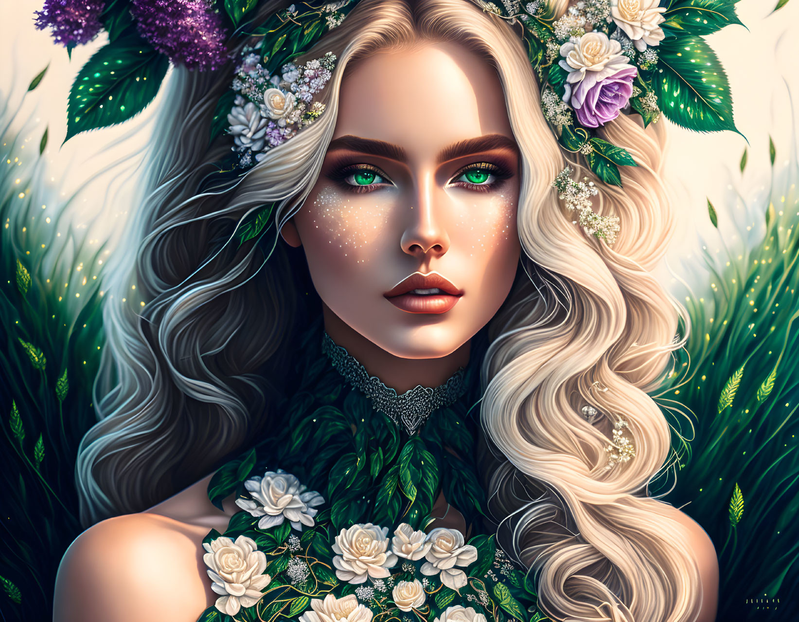 Digital illustration: Woman with wavy blond hair, green eyes, floral attire, set against lush green