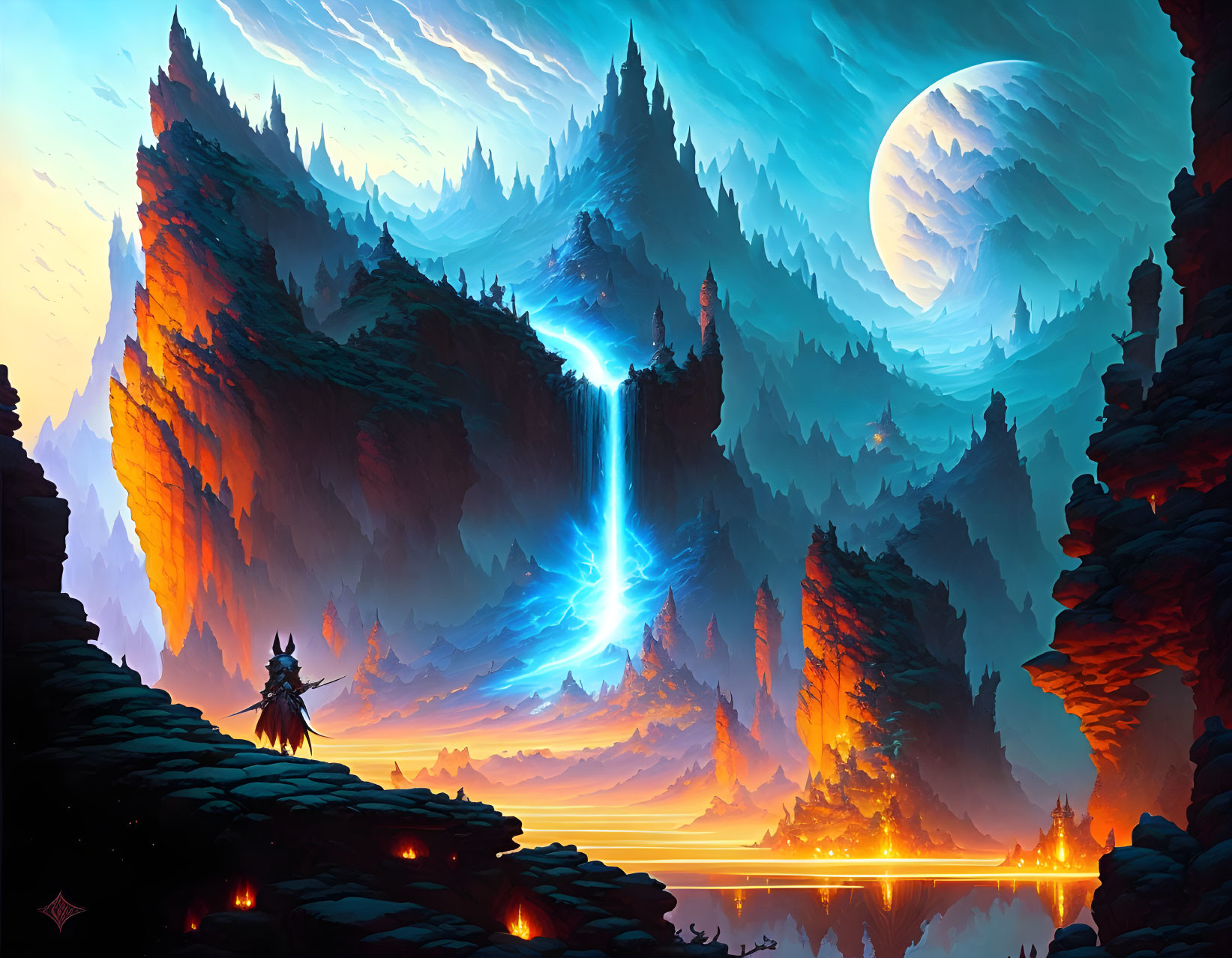 Fantasy landscape with warrior, waterfall, mountain cliffs, and large moon