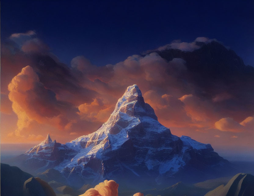 Snow-capped mountain peak at sunset with orange and blue clouds