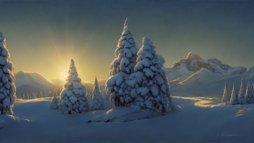 Winter Landscape: Sunlit Snowy Pines & Mountains