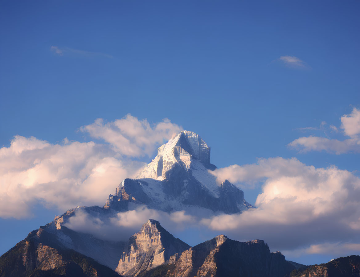 Majestic snow-capped mountain peak under blue sky and sunlight