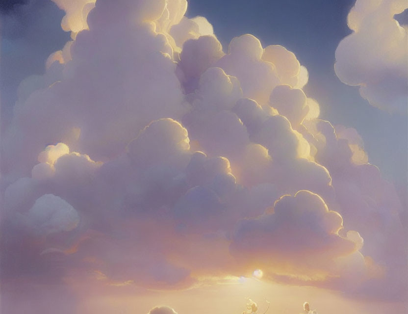 Pastel-colored sky with fluffy clouds and gentle sunset glow