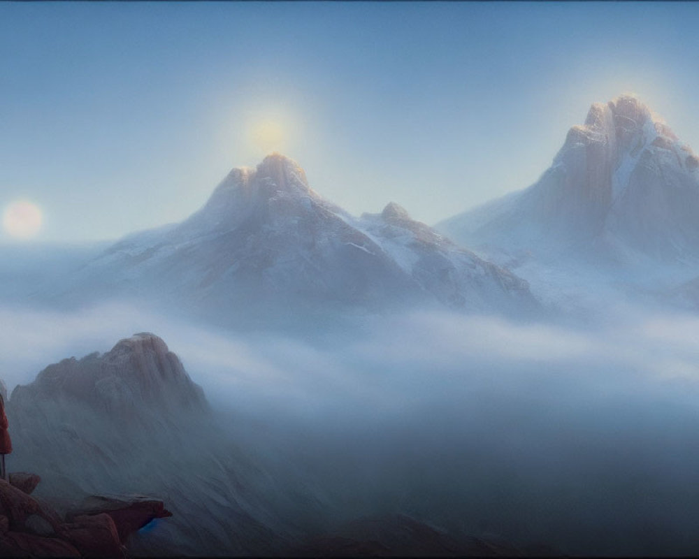 Person in red gazes at mist-covered mountains from cliff