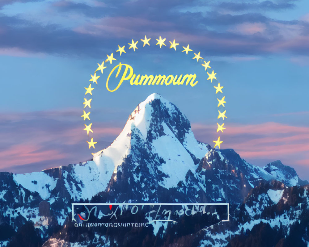 Sunset Snow-Capped Mountain Peak with Graphical Overlays and Text