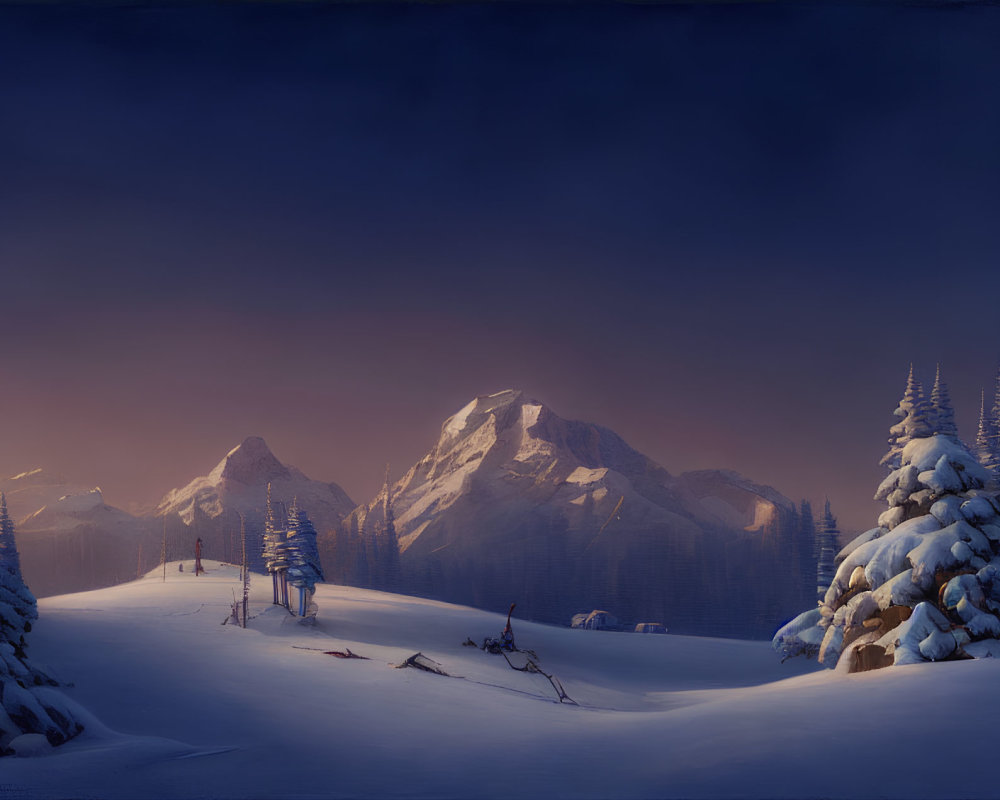 Snowy Alpine Scene: Skiers on Slope at Dusk, Mountains and Trees in Twilight