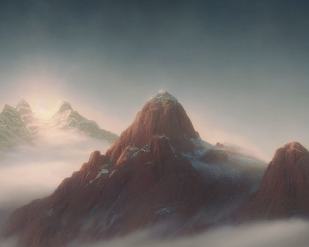 Snow-capped misty mountain peaks above swirling clouds