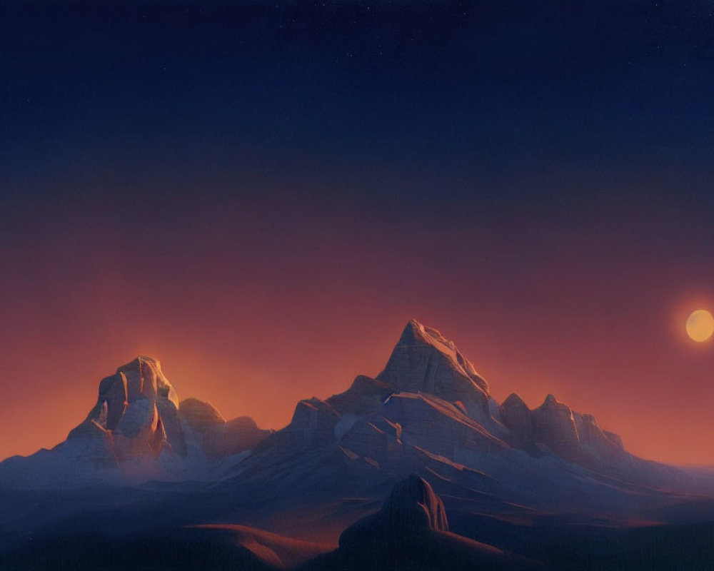 Snow-capped mountains in serene dusk landscape